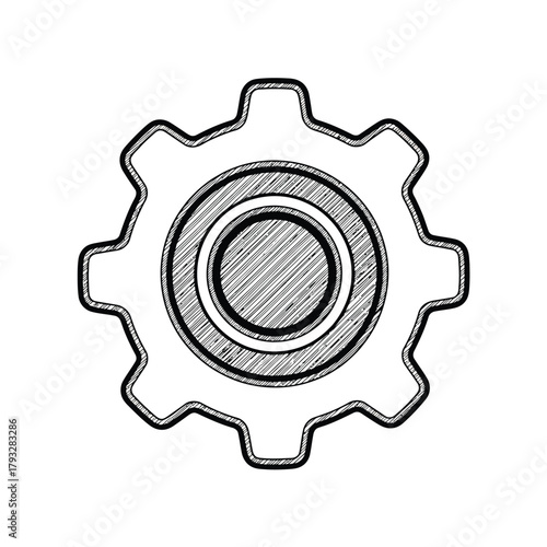 Hand-drawn sketch style gear icon illustration, representing mechanical process, industrial machinery, setting options, innovation, and technological advancement, isolated on a clean white background.