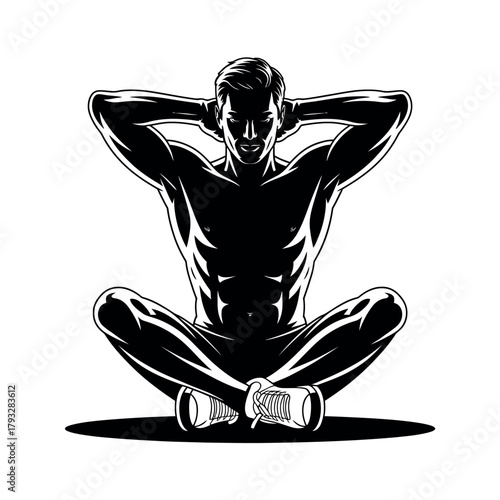 A silhouetted man in a meditative pose with hands behind his head and a focus on his defined physique.