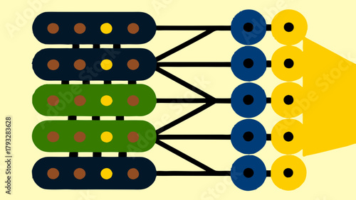 Abstract Illustration of Neural Network Flow with Layers, Nodes, and Weights in Minimalist Vector Design, Visualizing Machine Learning Concepts