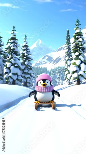 A cheerful playful cartoon penguin in a hat rides a sled down a hill