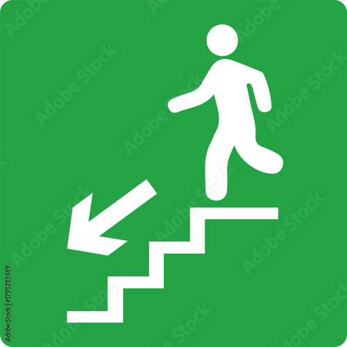 Emergency exit stairs down sign: escape route symbol for safety and evacuation procedures