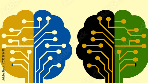 Artificial Intelligence Vector Illustration: Two Brains with Circuit Board Design, Neural Network Connections and Technology Innovation Concepts