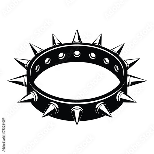 Black and white vector illustration of a spiked collar, depicting a punk rock fashion accessory or a dog's protective collar, symbolizing strength, rebellion, and edgy style