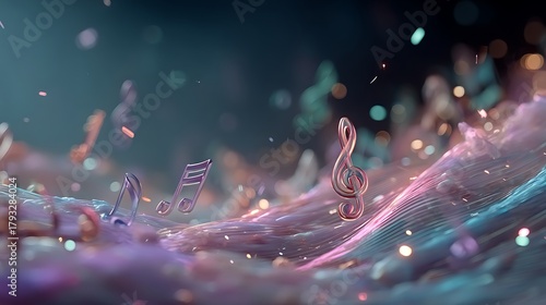 Fantasy light waves carrying shimmering music notes Images