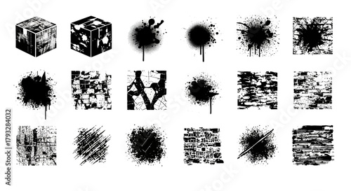 Collection of various black ink splatters and grunge textures perfect for graphic design projects and artistic overlays.