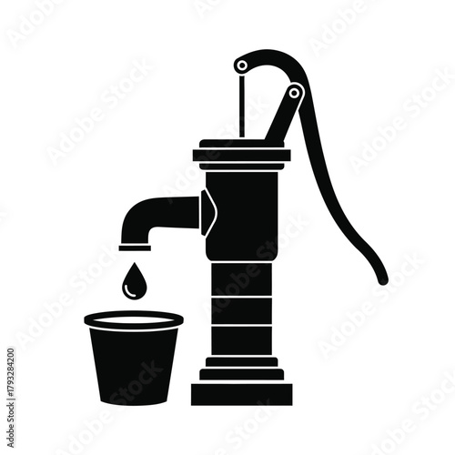 Hand pump with water drop falling into bucket, a classic mechanism for drawing groundwater, illustrating concepts of water supply, rural living, and resource management and preservation