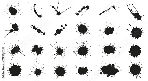 Ink blots and splatters on white background for design elements.
