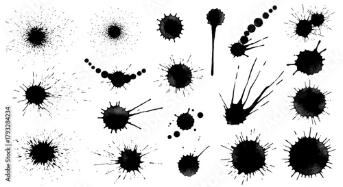 Collection of Black Ink Splatters on White Background.