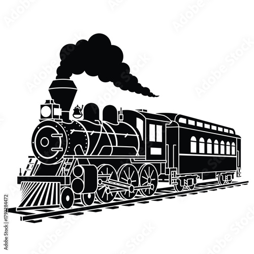 Classic steam locomotive with passenger car vector illustration, emitting smoke while on railway tracks, symbolizing vintage travel, historical transportation, and industrial heritage.