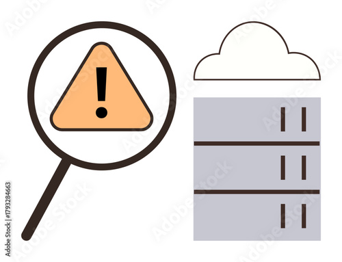Magnifying glass highlights a warning icon near cloud-connected servers, signaling a potential issue. Ideal for cloud computing, error detection, cybersecurity, data storage, troubleshooting