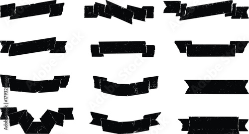 Collection of black ribbon banners with a distressed texture