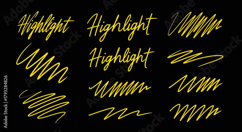 Yellow Highlight Marker Strokes and Text on Black Background.
