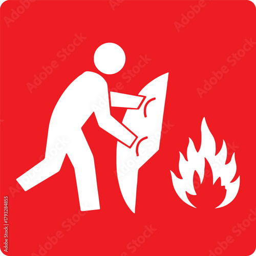 fire blanket usage pictogram safety sign on red background for emergency use