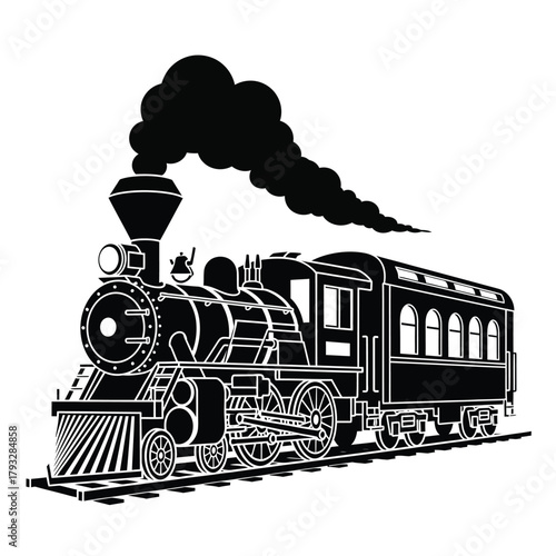 Vintage steam locomotive vector illustration with passenger car and billowing smoke, a classic railway engine icon representing historical travel, journey, and transportation.