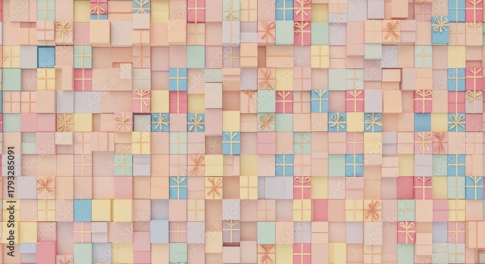 Fototapeta premium Pastel Gift Box Wall: A 3D Render of Hundreds of Softly Colored Presents