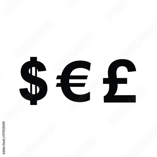 Global financial market currency symbols representing wealth, investment, banking, and international trade: dollar, euro, and pound sterling signs isolated on clean white background.