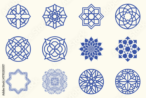 Collection of twelve blue geometric islamic patterns and ornaments on a light cream background