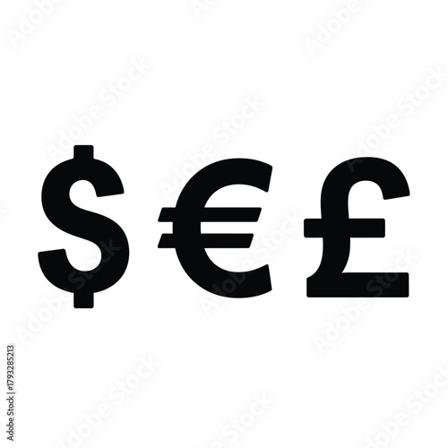 Global currency symbols: dollar, euro, and pound sterling, representing international finance, investment, trade, and economic exchange across various markets worldwide, crucial for business.