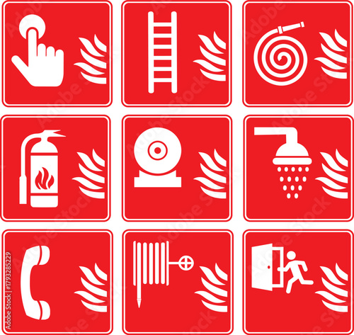 fire safety equipment and emergency exit signs collection on red background