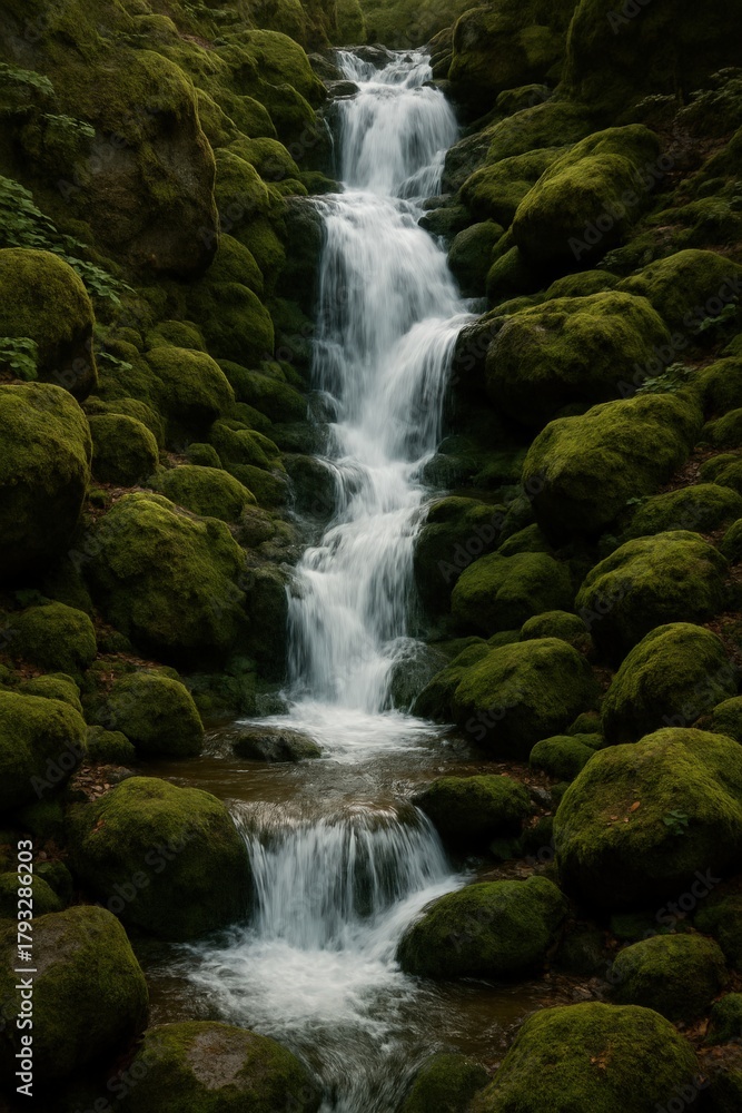 Fototapeta premium Cascading waterfall over moss-covered rocks; nature's serene water feature.