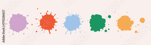 Colorful Ink splatter set. Bright liquid stains, burst, spots, drops, dots. Paint splashes. Hand drawn trendy Vector illustration. Isolated design elements
