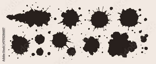 Black Ink splatter set. Liquid stains, burst, spots, drops, dots. Paint splashes. Hand drawn trendy Vector illustration. Isolated design elements