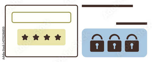 Login password field with stars and three secure padlocks on blue background. Ideal for cybersecurity, login authentication, internet privacy, security measures, data encryption, online access