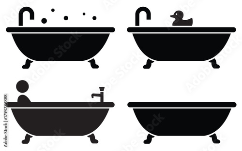 Bathtub Vector Icon Set – Bathroom, Shower, and Hygiene Symbol Collection in Flat, Outline, 
and Silhouette Style