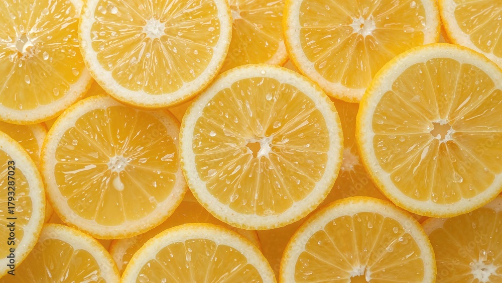 Obraz premium Slices of lemon arranged closely together with vibrant yellow color. Fresh fruit and citrus theme. Food and beverage. The concept of freshness and citrus fruits.