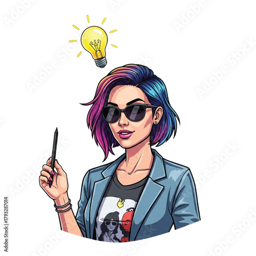 Creative businesswoman with vibrant hair and sunglasses conceptualizes a brilliant idea, holding a stylus with an illuminated lightbulb above her head
