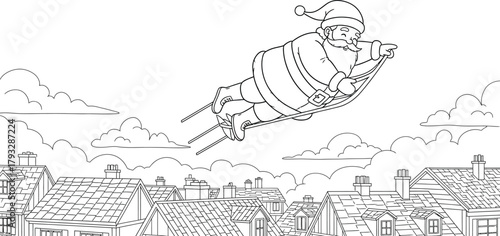 Santa claus christmas holiday winter snow skiing sky clouds rooftops town