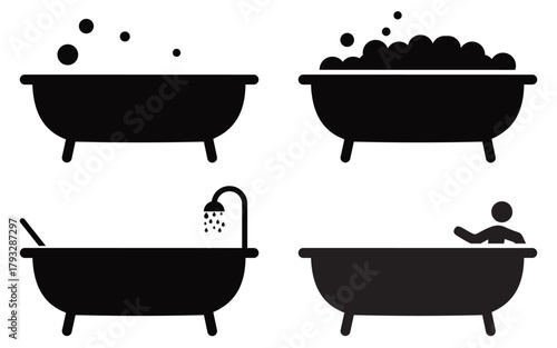 Bathtub Vector Icon Set – Bathroom, Shower, and Hygiene Symbol Collection in Flat, Outline, 
and Silhouette Style
