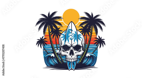 Skull with Surfboard and Palm Trees at Sunset Beach Illustration.