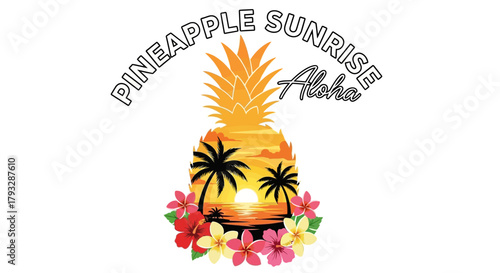 Tropical Pineapple Sunrise Aloha Design with Flowers and Palm Trees.