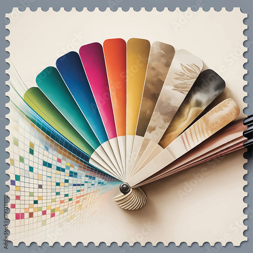 Colorful fan displaying diverse textures and patterns on a softly lit surface