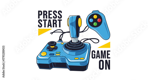 Retro Gaming Joystick and Controller with Press Start Game On Text.