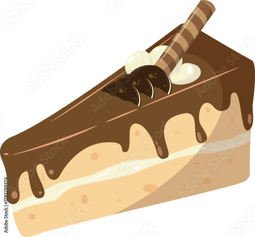 Cute vector sticker of a chocolate-covered cake slice with creamy layers illustration