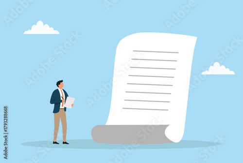 Vector illustration of a businessman reviewing a large document, symbolizing planning, documentation, contract review, and professional analysis
