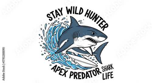 Great White Shark Leaping from the Ocean Waves Illustration.