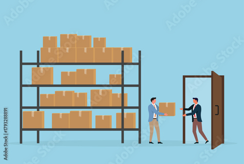 Vector illustration of two workers handling a package near warehouse shelves, showing inventory storage, product distribution, delivery and efficient logistics operations
