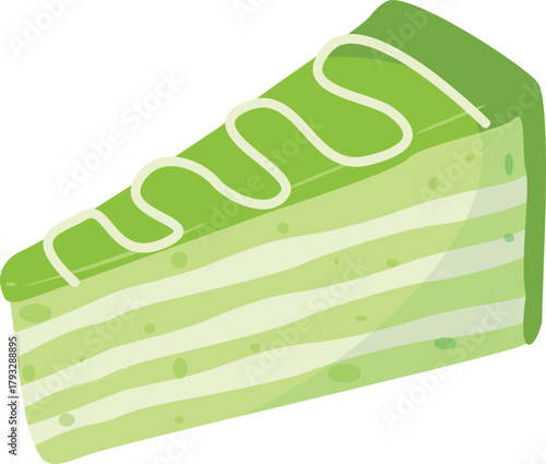 Slice of matcha green tea cake with whipped topping, layered dessert in pastel color illustration