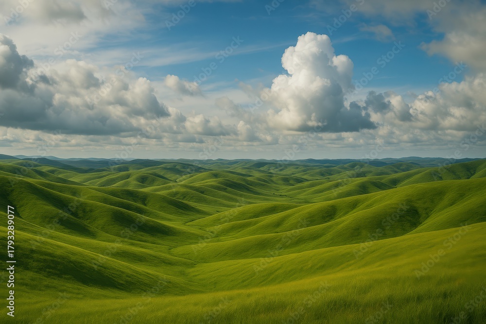 Obraz premium Rolling green hills under a vibrant blue sky dotted with fluffy white clouds.