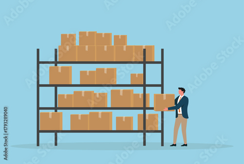 Vector illustration of a worker organizing cardboard boxes on warehouse shelves, representing storage, inventory management, and logistics operations
