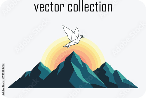 Geometric origami bird soars above jagged mountains at sunrise representing freedom and new beginnings in a stylized vector art collection