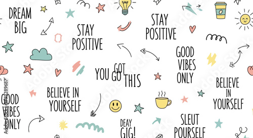 Inspirational Quotes and Positive Affirmations Doodle Pattern.