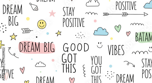 Positive Affirmations and Motivational Quotes Seamless Pattern.