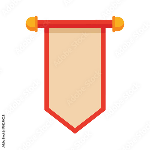 Empty beige vertical pennant illustration with a decorative red border and yellow finials on a horizontal red pole, ready for custom text or emblem display, isolated vector graphic