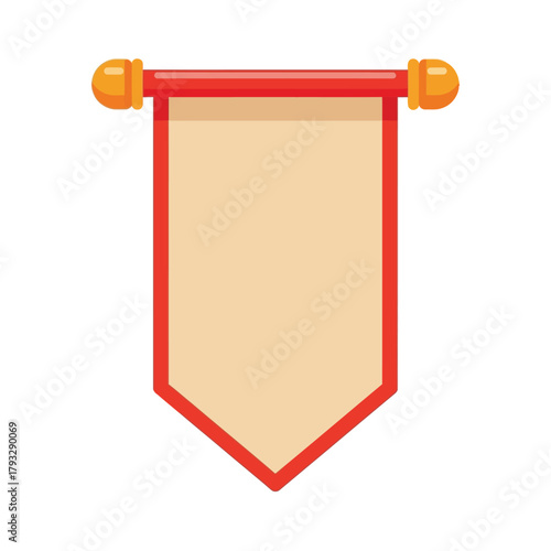 Blank beige banner pennant template with a prominent red border, suspended from a decorative rod with golden finials, perfect for customizable text, logos, or historical design elements.