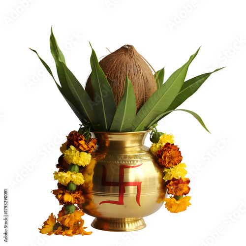 Golden kalash pot with coconut, mango leaves, and marigold garland