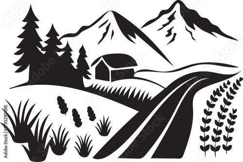 Flat Style Swiss Alps Mountain Scene, Norwegian Fjord Landscape Vector – European Nature Silhouette Design.































